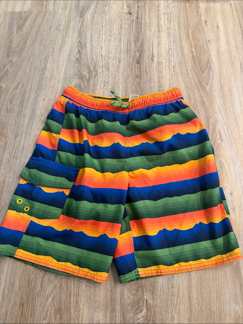 L.L. Bean Boys' Bright Orange, Blue & Green Striped Swim Trunks